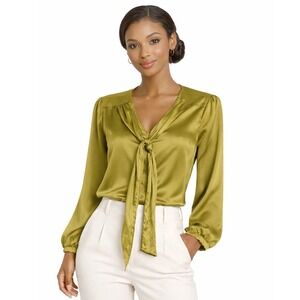 The Limited Chartreuse Yellow Satin Tie Neck Button Front Blouse S Glam 73-58